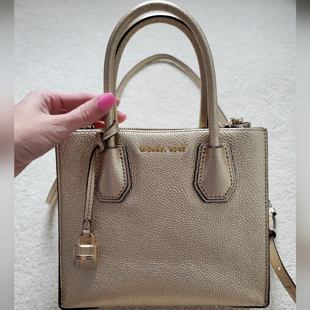 Michael Kors Metallic Gold Leather Mercer Crossbody Tote Bag